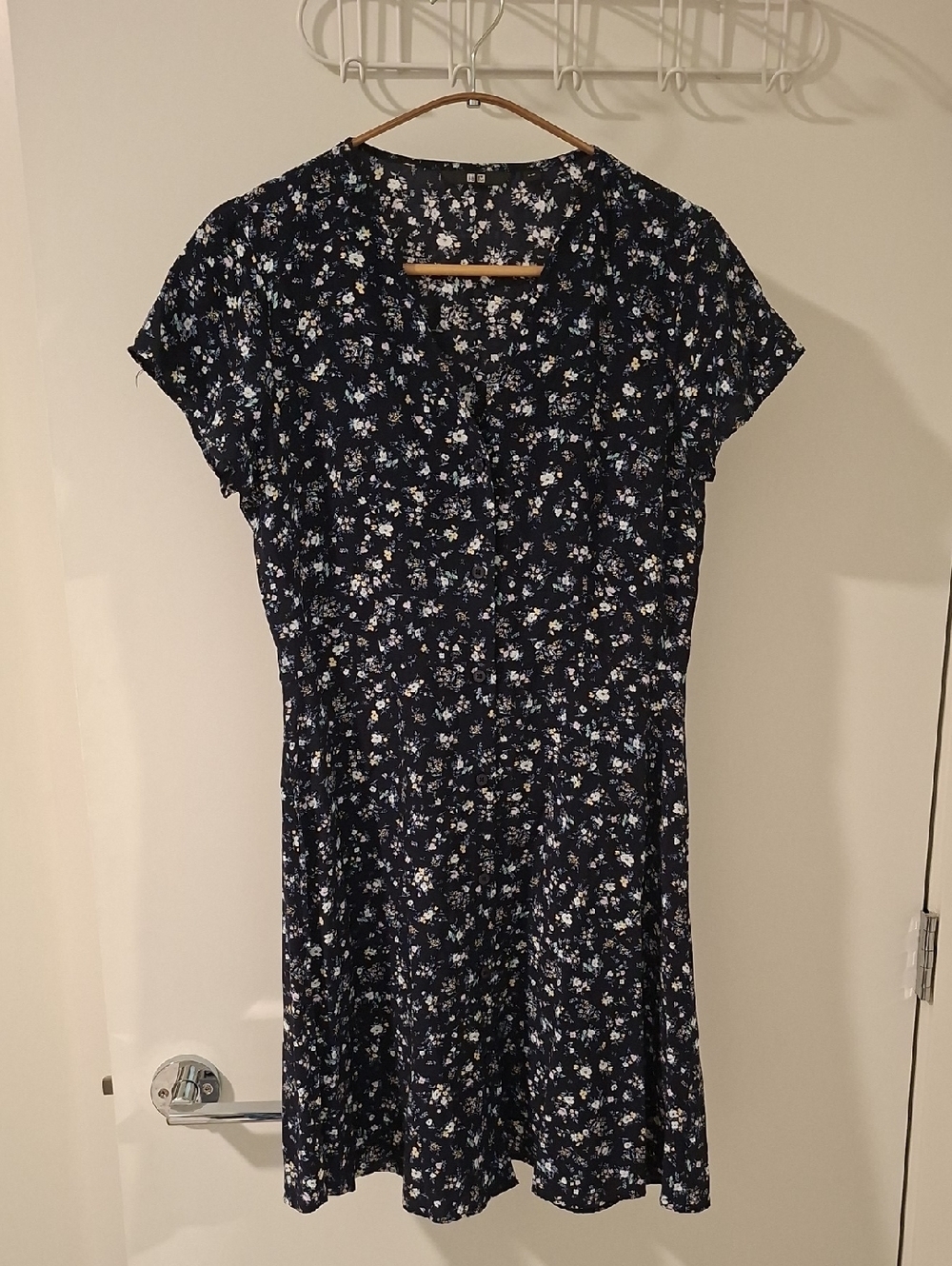 Uniqlo Navy & Yellow Ditsy Floral Button-up Tea Dress/Mini Dress (Size S)